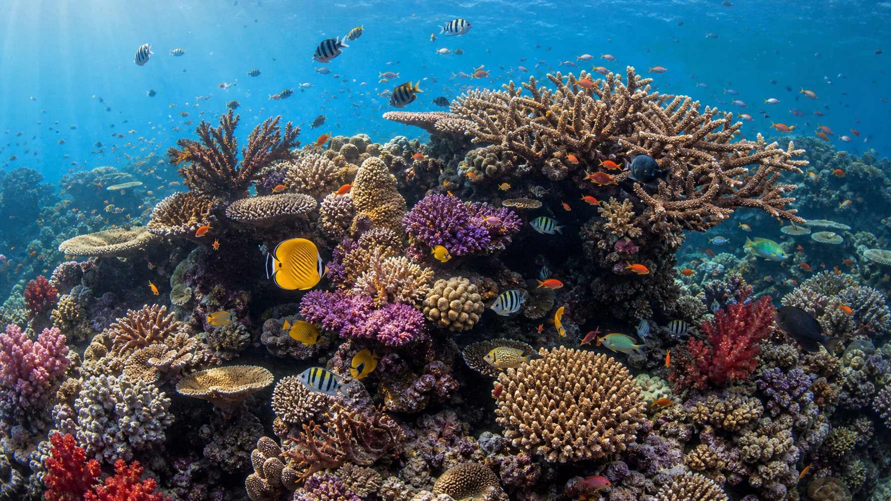 Sekumpulan ikan warna-warni berlindung dan berenang di antara terumbu karang yang sehat di bawah laut.