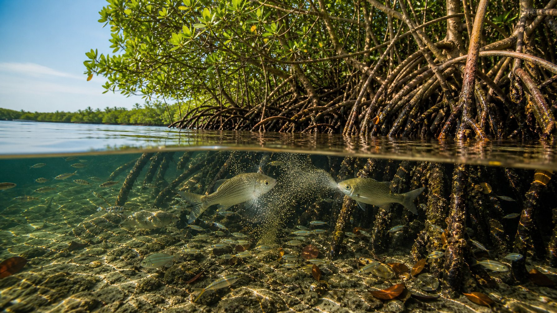 Hutan bakau dengan akar-akar terendam yang menjadi tempat berkumpul dan berkembang biak ikan laut.
