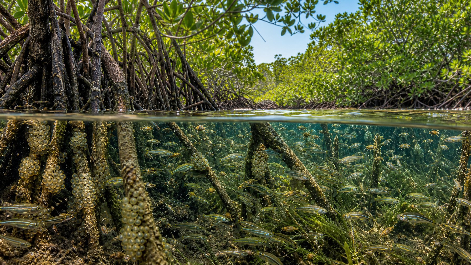 Hutan mangrove dengan akar terendam yang menjadi tempat ikan laut berkumpul, memijah, dan berlindung.