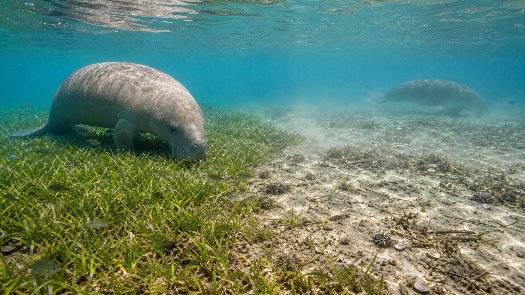 Dua dugong berada di padang lamun tropis yang sebagian subur dan sebagian rusak dengan dasar pasir yang terbuka.