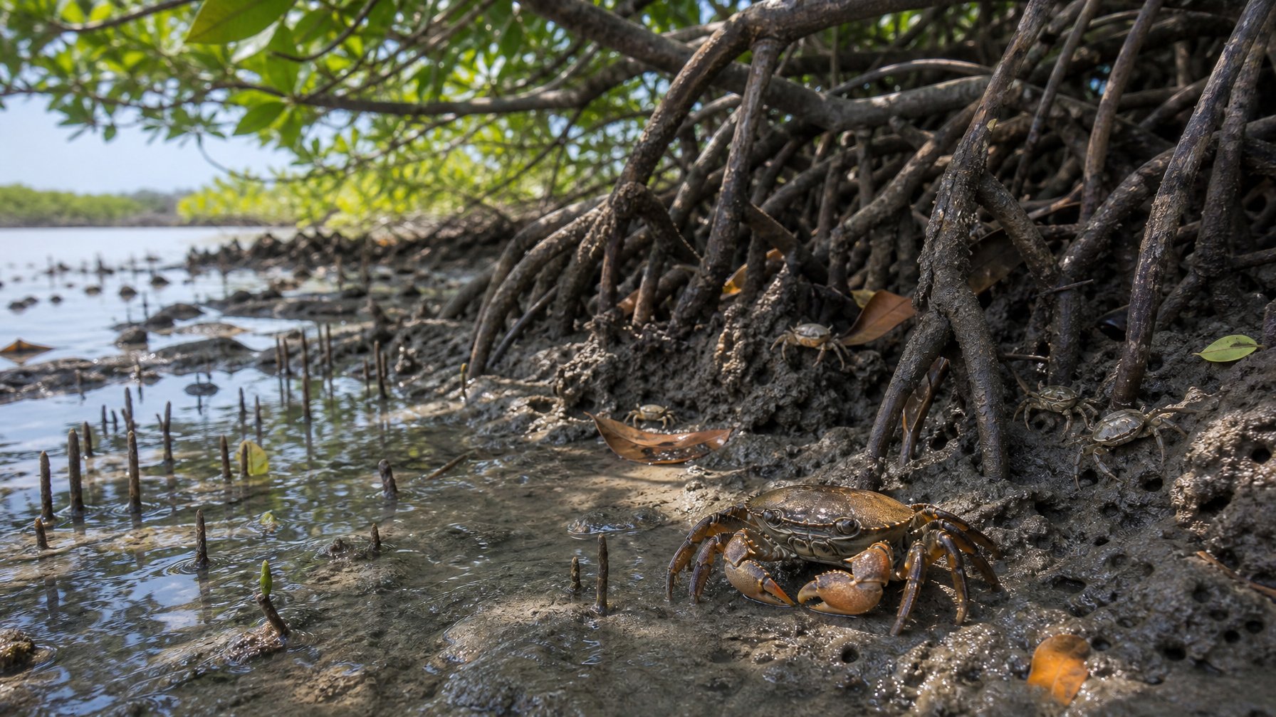 Kepiting bakau dewasa dan anakan berada di antara akar mangrove di kawasan pesisir yang alami.