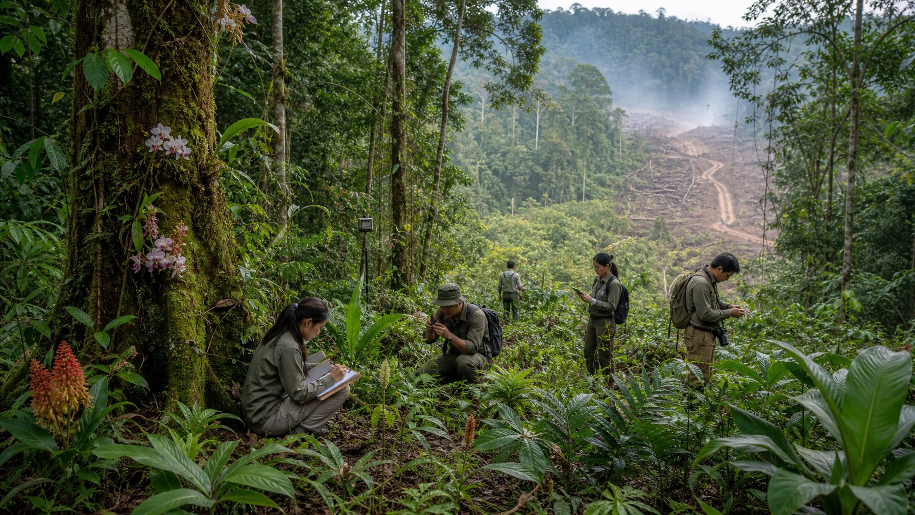 Peneliti mendokumentasikan tumbuhan endemik di hutan hujan dataran rendah Kalimantan dengan area hutan yang terancam di kejauhan.