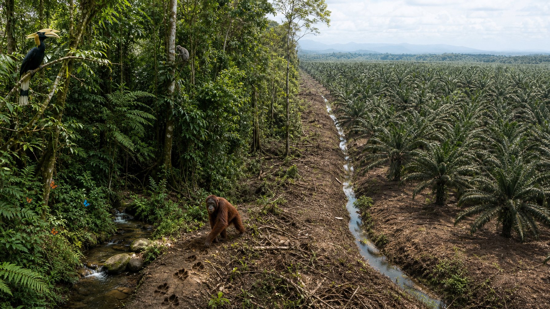 Hutan tropis yang tersisa berbatasan dengan perkebunan kelapa sawit, dengan beberapa satwa liar di sekitar habitat yang menyusut.