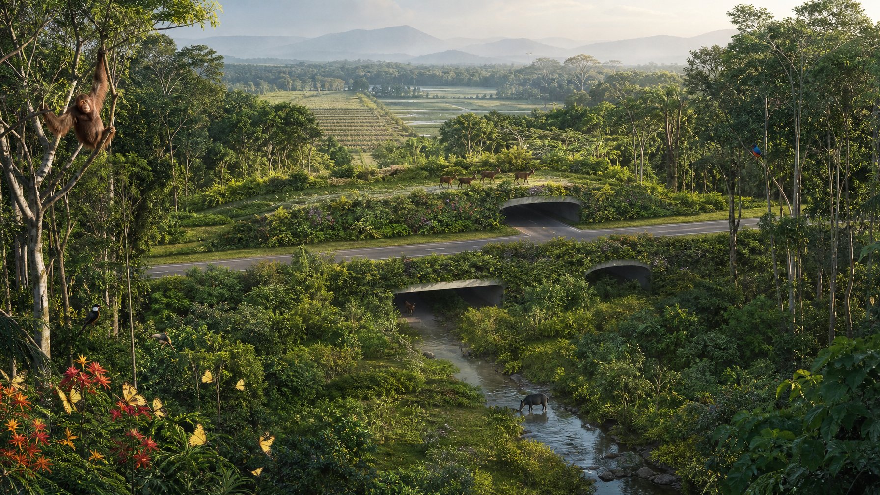 Koridor hijau menghubungkan dua kawasan hutan yang terfragmentasi, dengan satwa liar, aliran sungai, dan vegetasi asli.