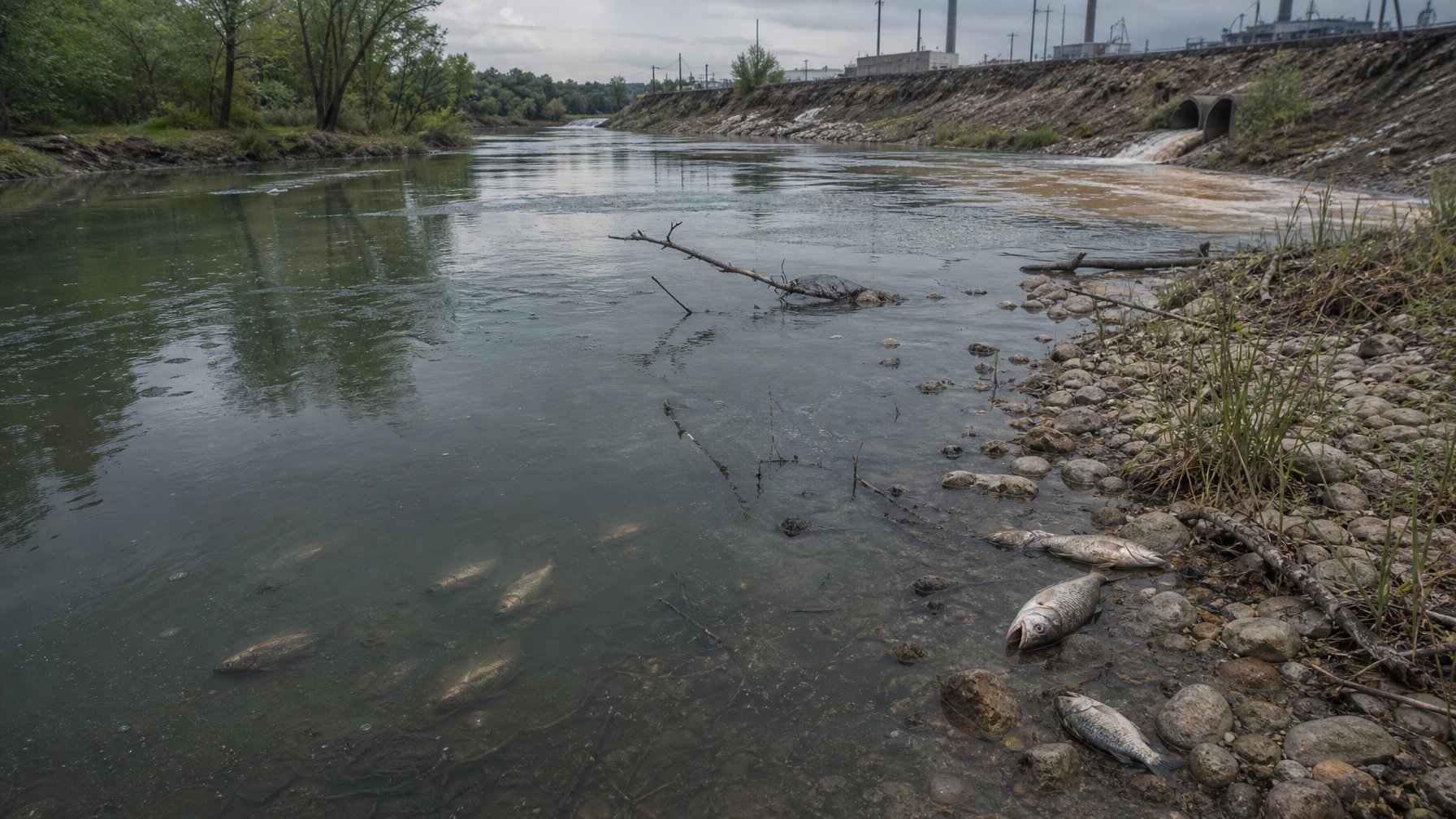 Sungai air tawar tercemar dengan sedikit ikan dan vegetasi yang menunjukkan penurunan keanekaragaman hayati.