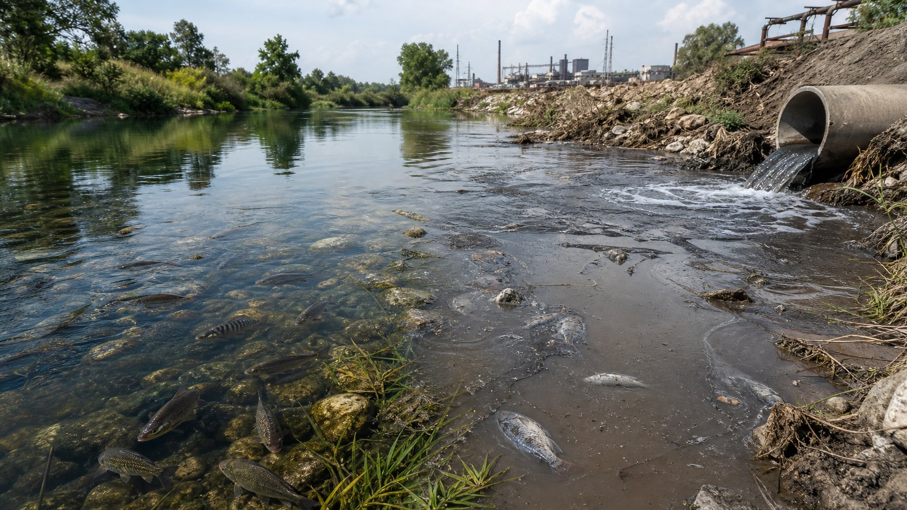 Sungai air tawar tercemar limbah industri dengan ikan yang lebih sedikit dan habitat yang rusak di sekitar aliran limbah.