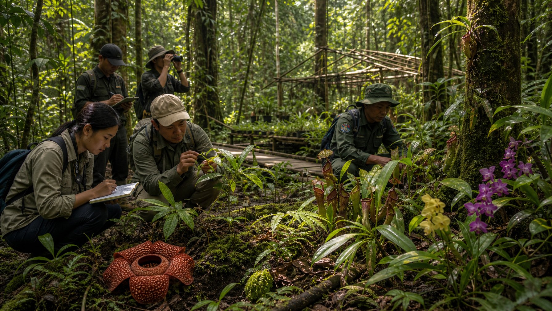 Peneliti dan penjaga hutan memantau tumbuhan endemik di hutan dataran rendah Kalimantan yang rimbun.