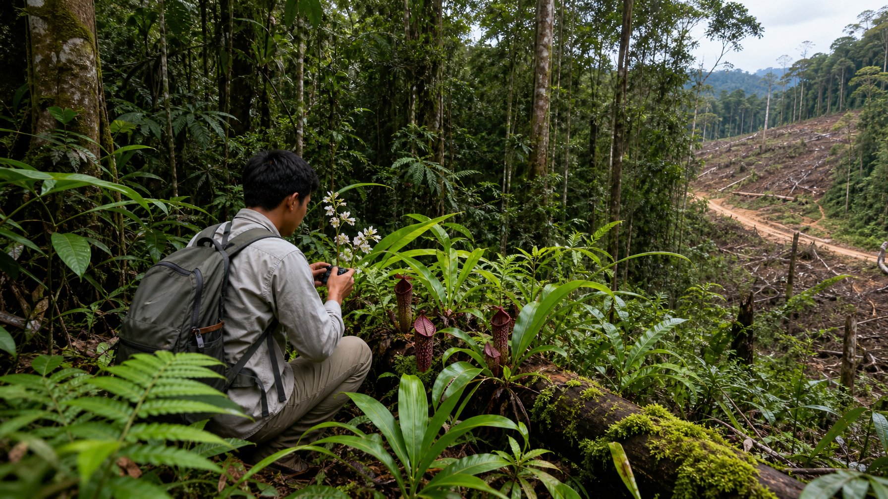 Peneliti mendokumentasikan tumbuhan endemik di hutan dataran rendah Kalimantan dengan area hutan yang terfragmentasi di latar belakang.