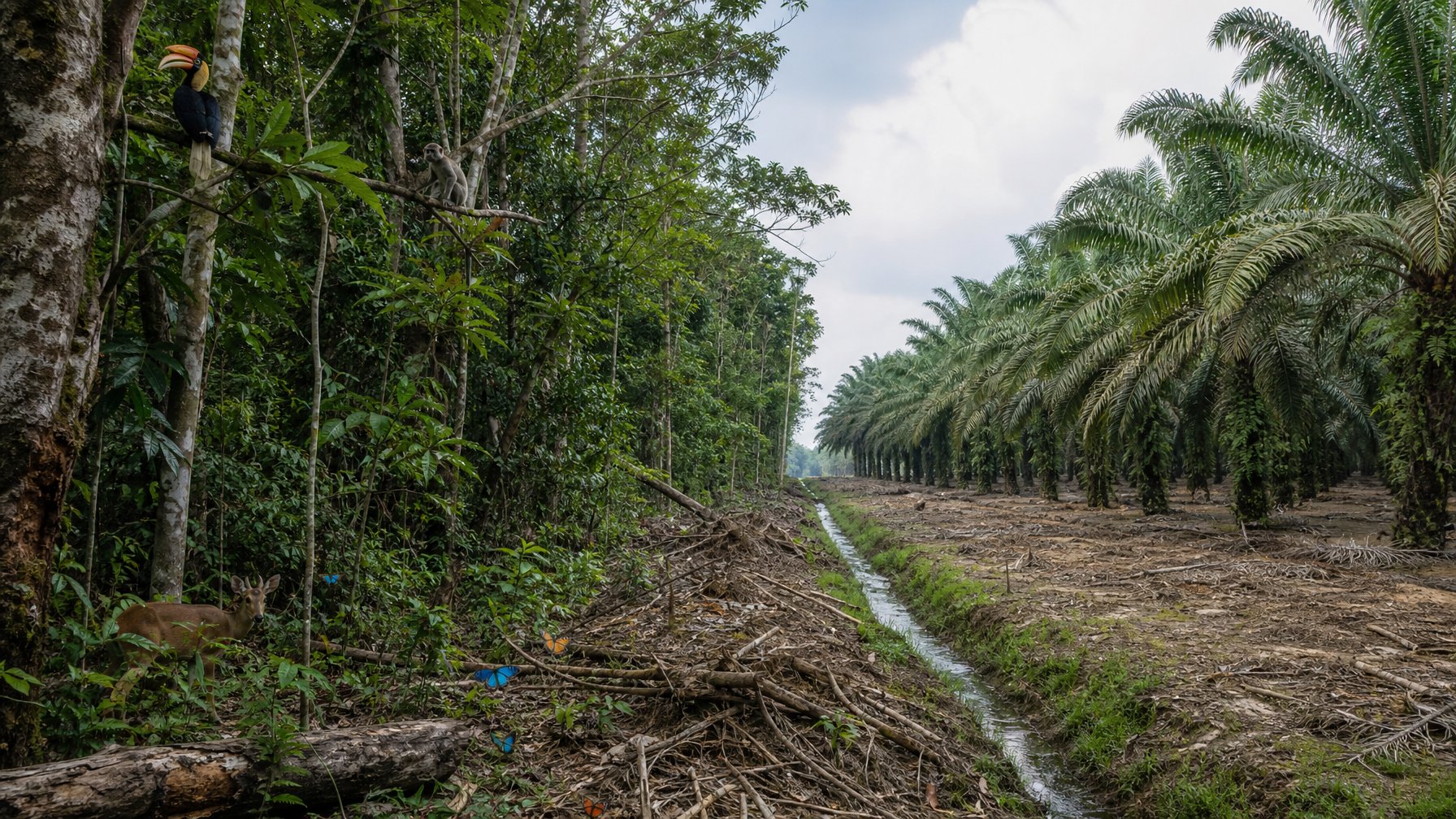 Peralihan hutan tropis yang kaya satwa menjadi perkebunan kelapa sawit yang seragam dan miskin keanekaragaman.