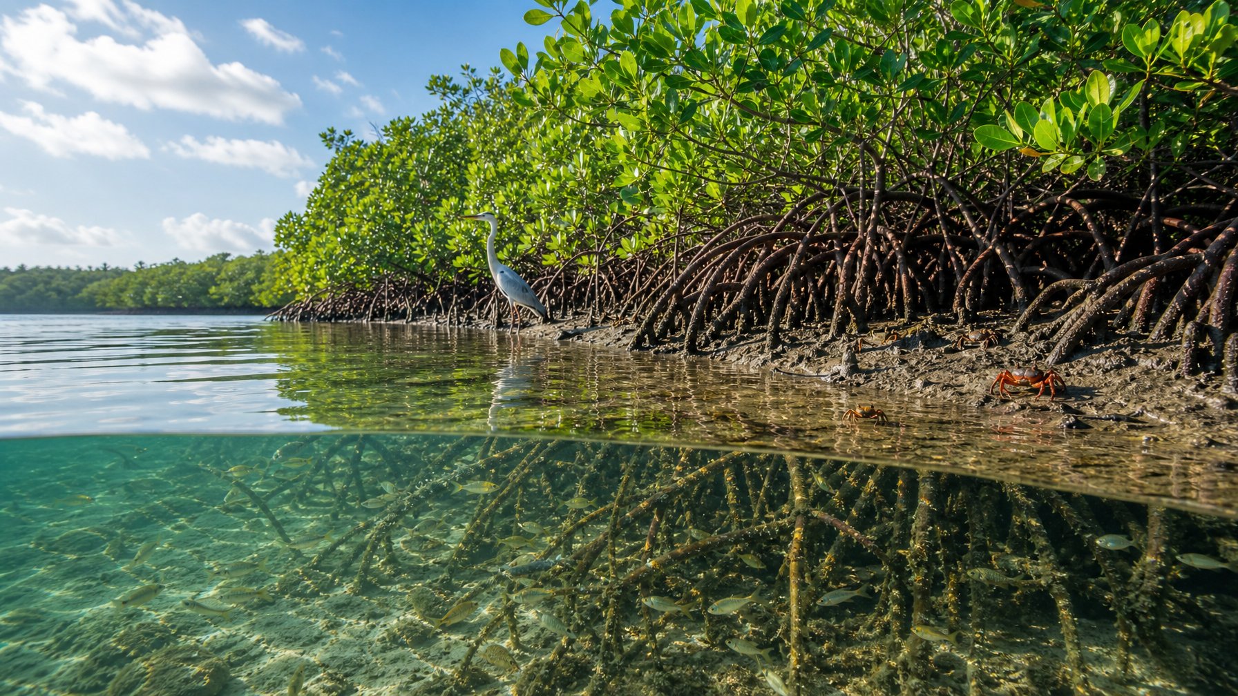Hutan mangrove yang rimbun dengan akar terendam air, ikan, kepiting, dan burung di sepanjang pesisir yang bersih.