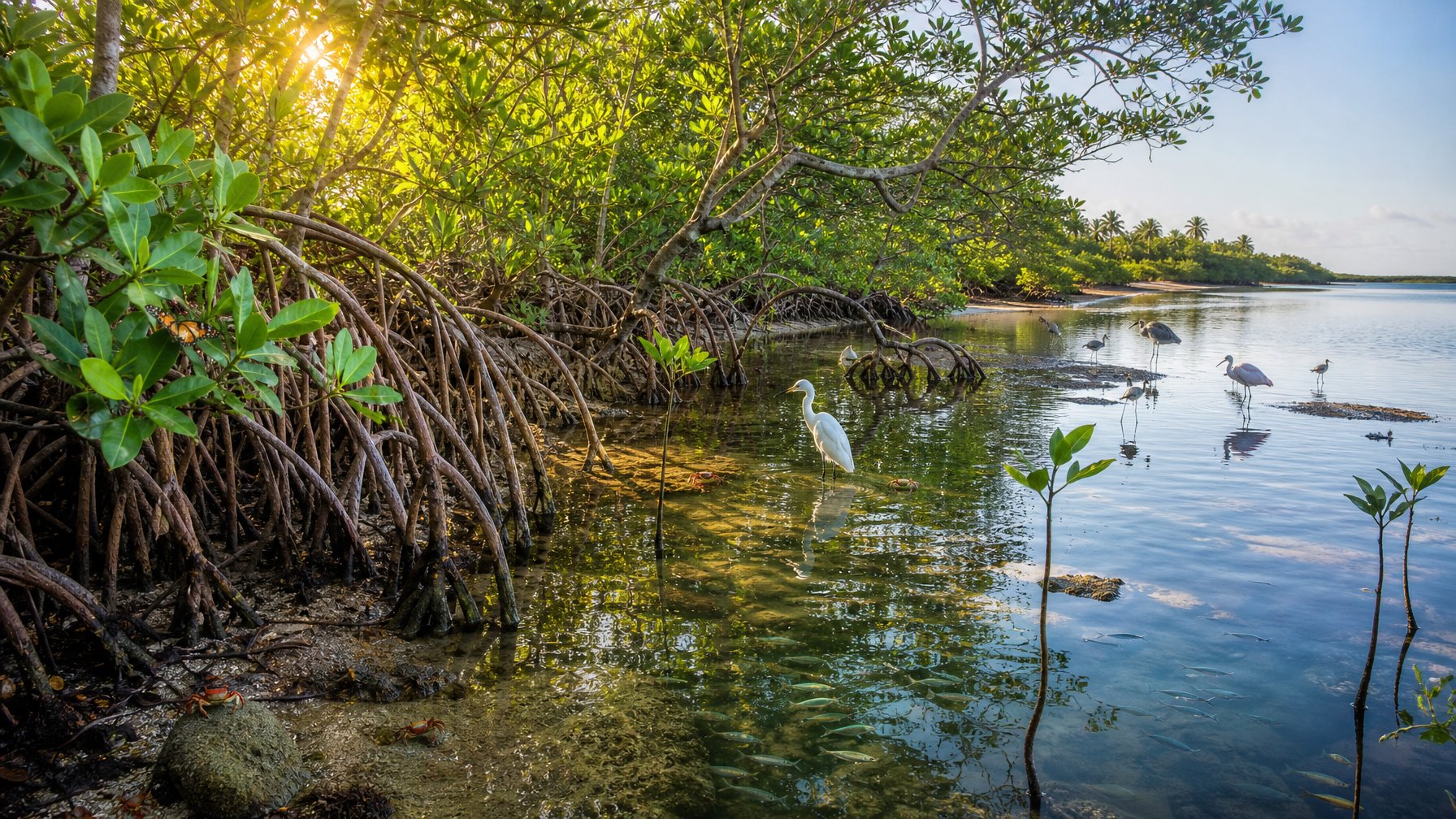 Hutan mangrove yang rimbun dengan akar terendam, burung pesisir, ikan kecil, dan kepiting di sepanjang perairan pantai yang tenang.