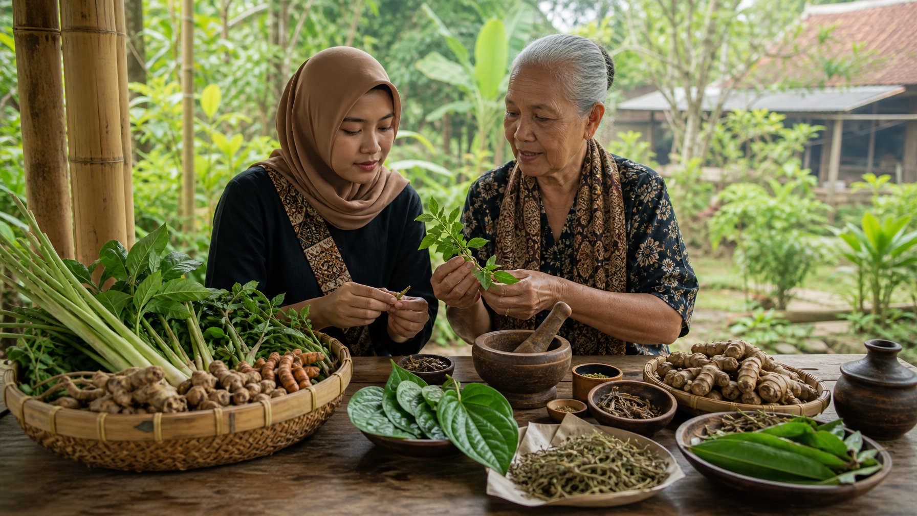 Seorang perempuan dan penyembuh tradisional Sunda menyiapkan berbagai tanaman obat di meja kayu dalam suasana kebun desa.