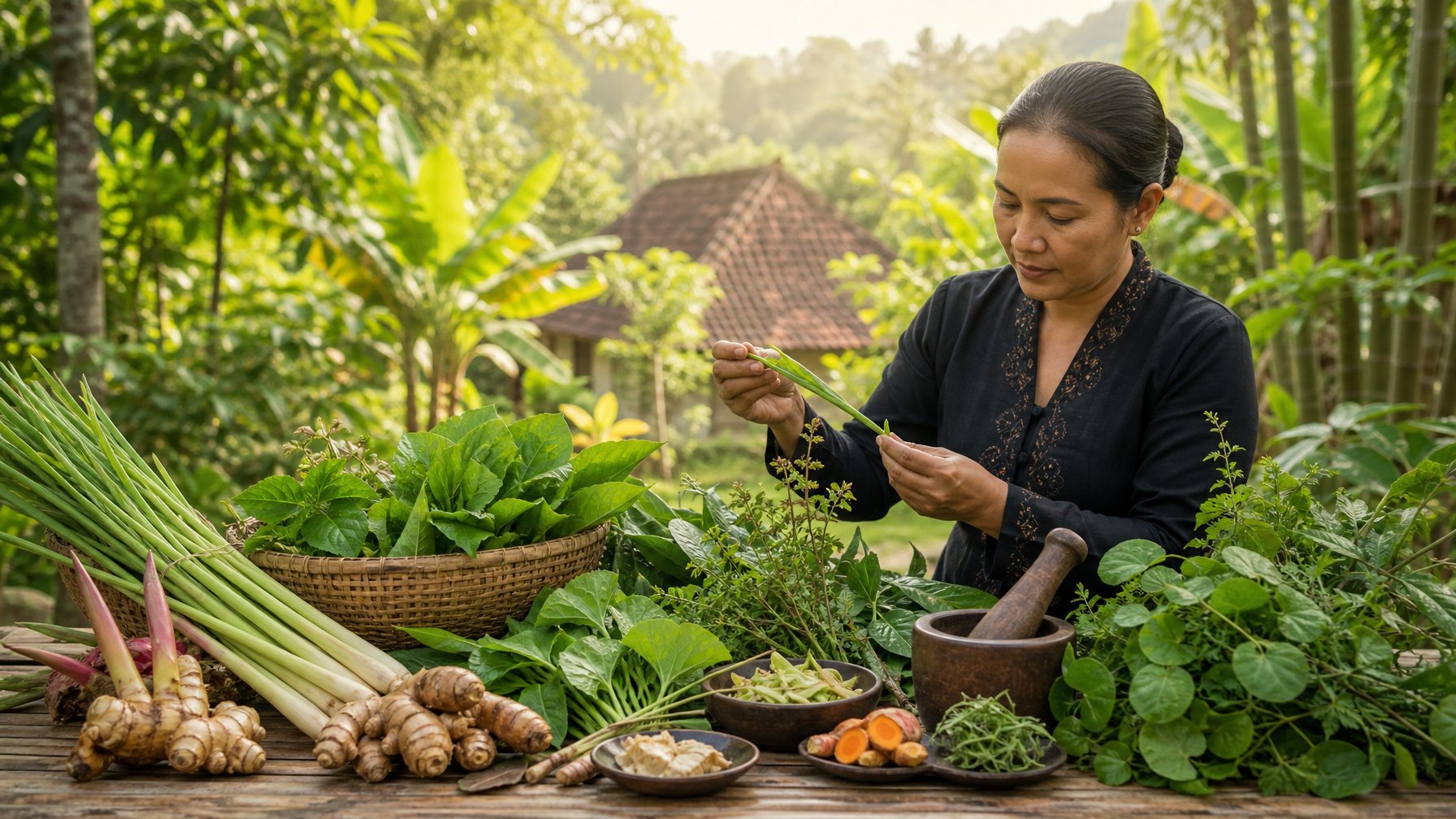 Tanaman obat tradisional dan alat pengolahannya ditata di kebun hijau lingkungan masyarakat Sunda.