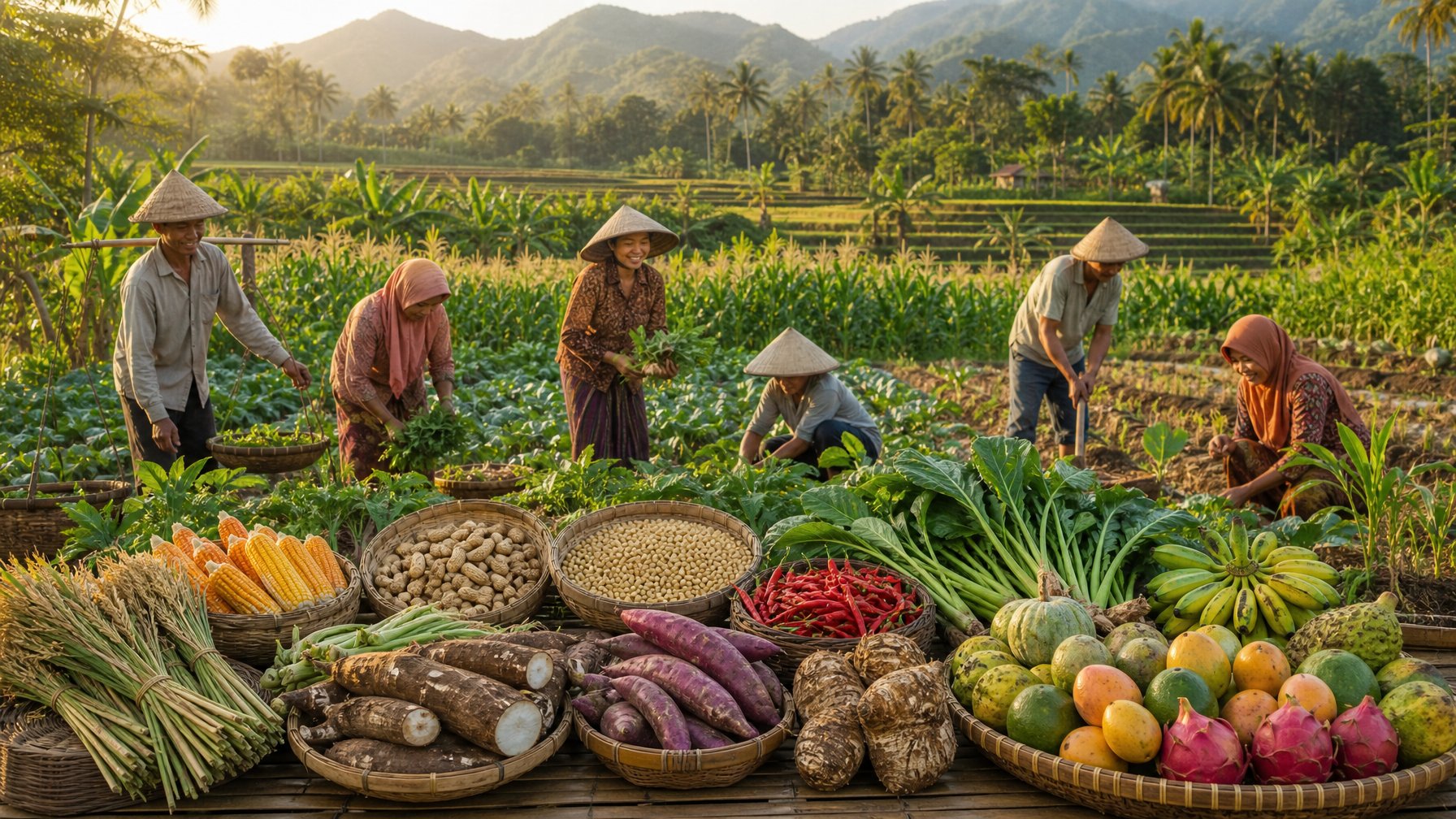 Petani Indonesia memanen beragam tanaman pangan lokal di lahan pertanian yang subur, dengan hasil panen tersusun dalam keranjang bambu.