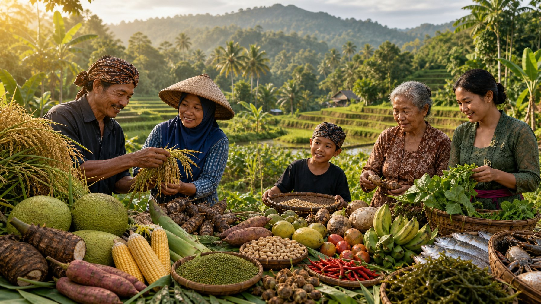 Petani Indonesia memanen beragam tanaman pangan lokal di tengah lanskap pertanian tropis yang subur.
