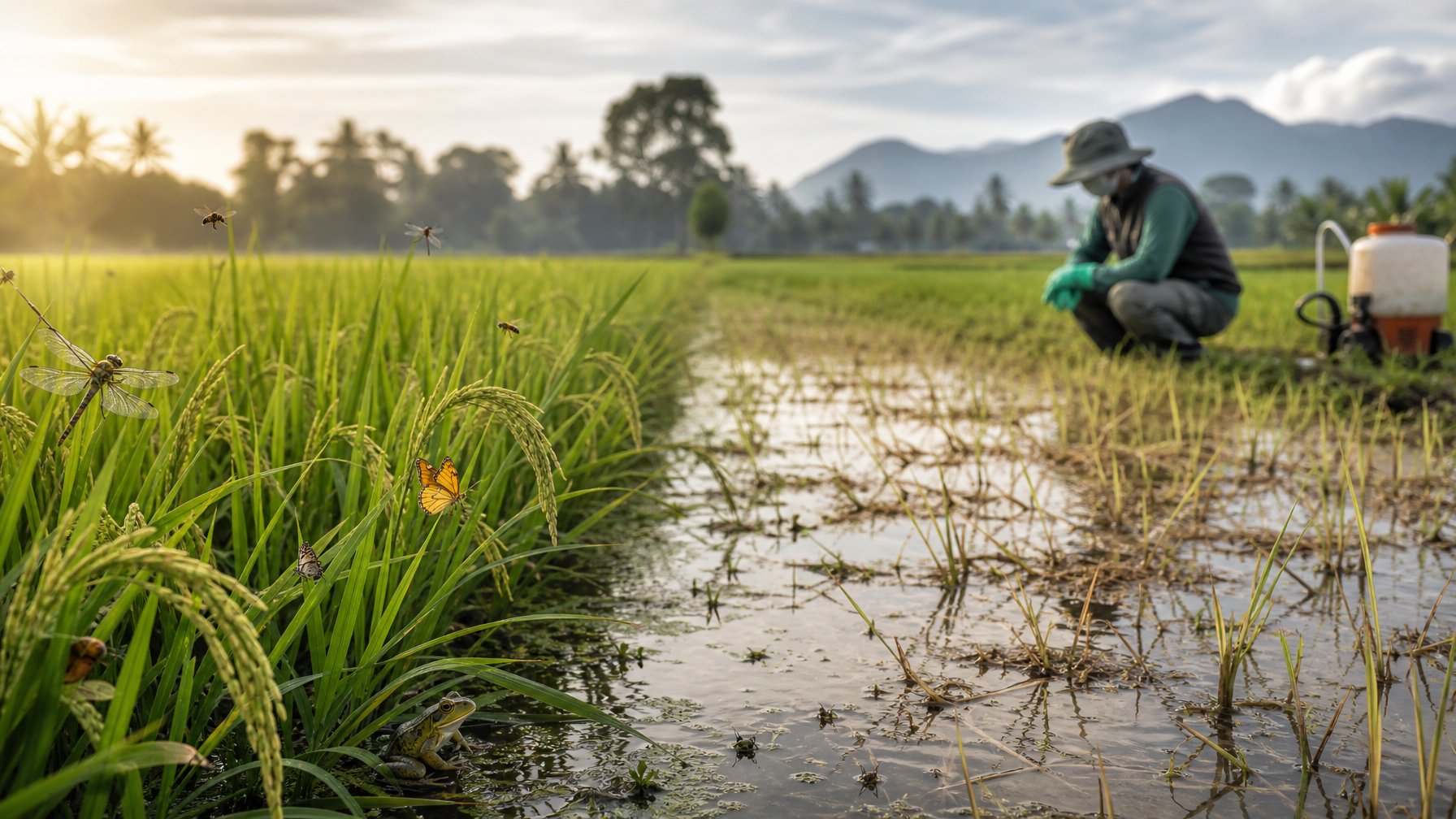 Sawah dengan area sehat yang memiliki beragam serangga dan katak, berdampingan dengan area yang terdampak pestisida dan lebih sedikit satwa.