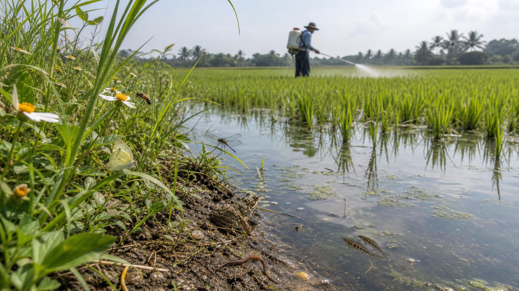 Sawah padi dengan penyemprotan pestisida dan berkurangnya keanekaragaman serangga, katak, serta organisme air di sekitarnya.