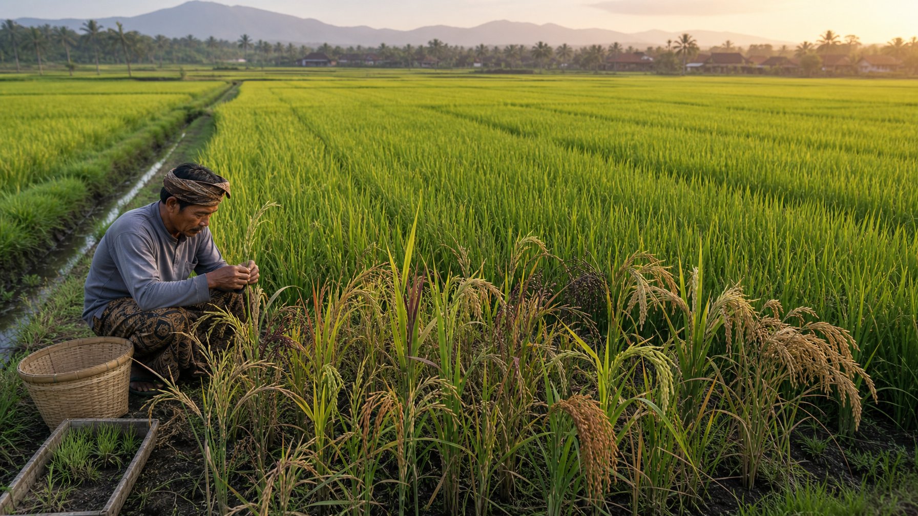 Petani mengamati varietas padi lokal yang beragam di samping hamparan sawah hibrida yang seragam.