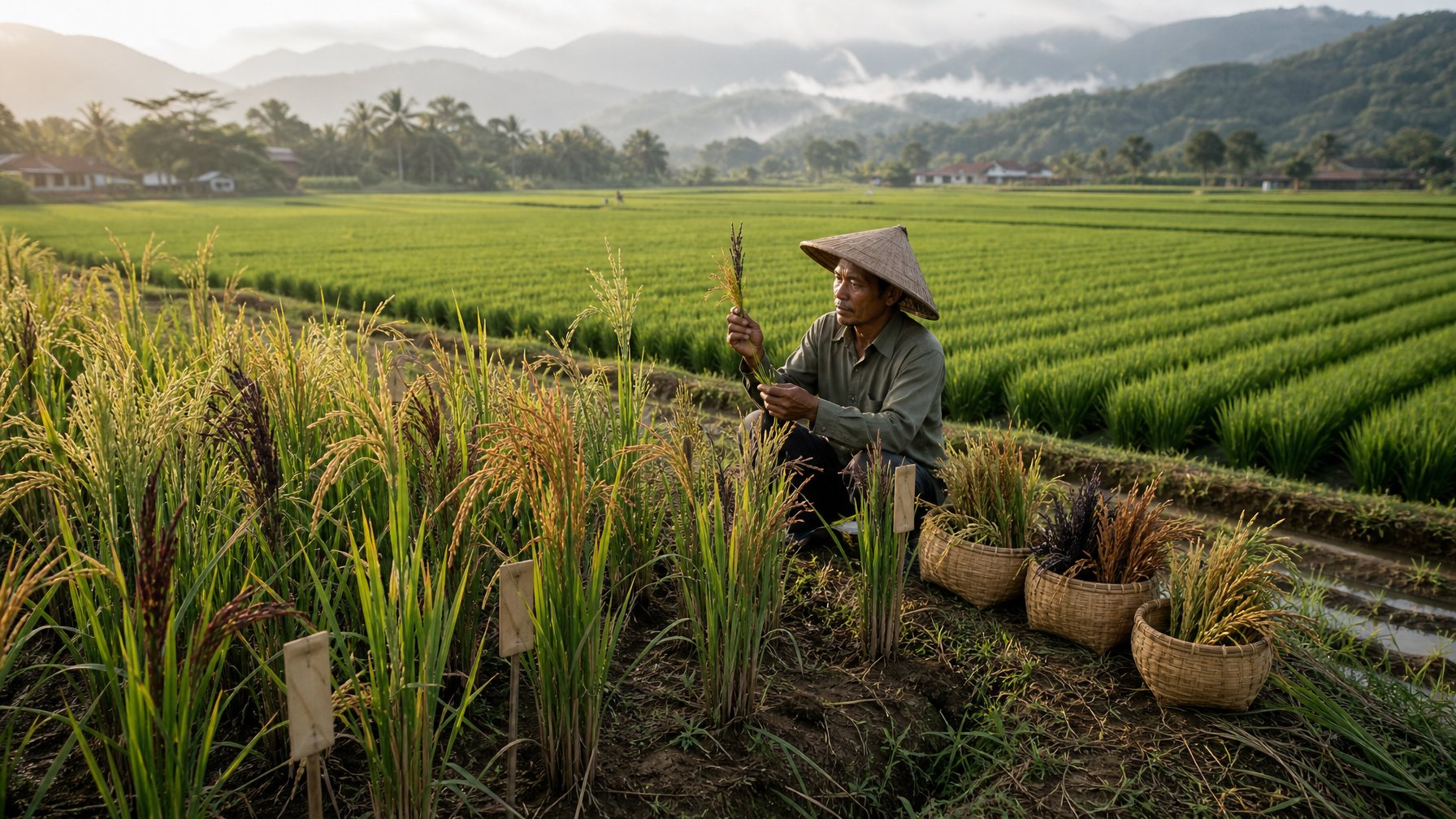 Petani membandingkan beragam tanaman padi lokal dengan hamparan padi hibrida yang seragam di sawah.