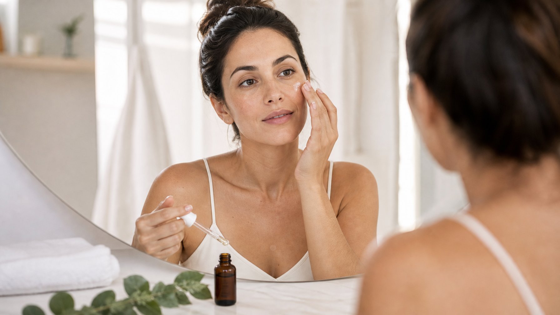 Seorang wanita berusia 30-an mengoleskan serum ke pipinya di kamar mandi dengan botol serum di atas meja.