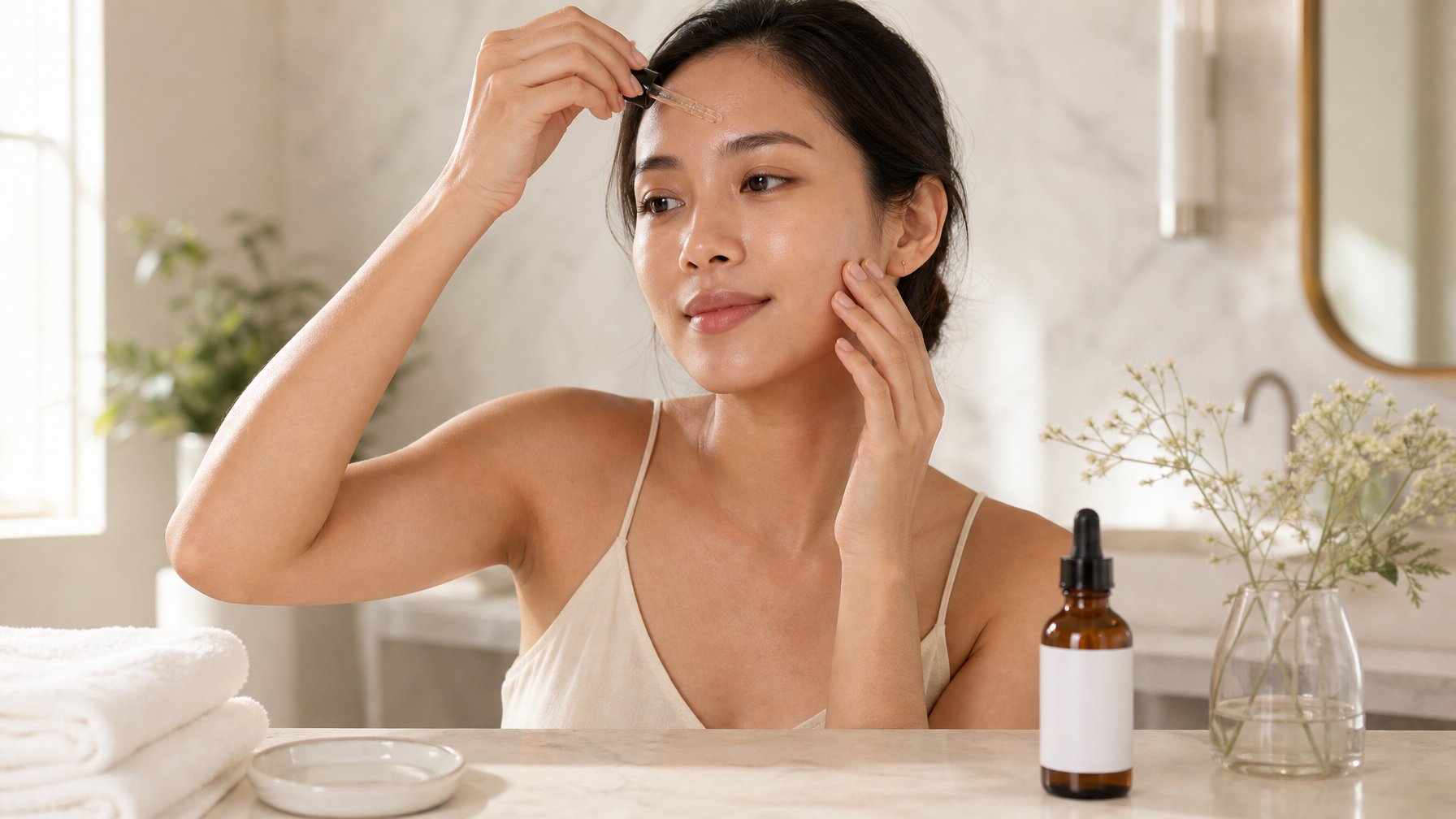 Perempuan berusia 30-an mengaplikasikan serum retinol pada wajah di dekat meja rias.