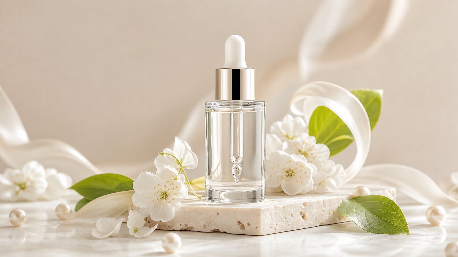 Botol essence perawatan kulit dengan pipet di atas pedestal batu krem, dikelilingi bunga putih, daun hijau, dan tetesan air.