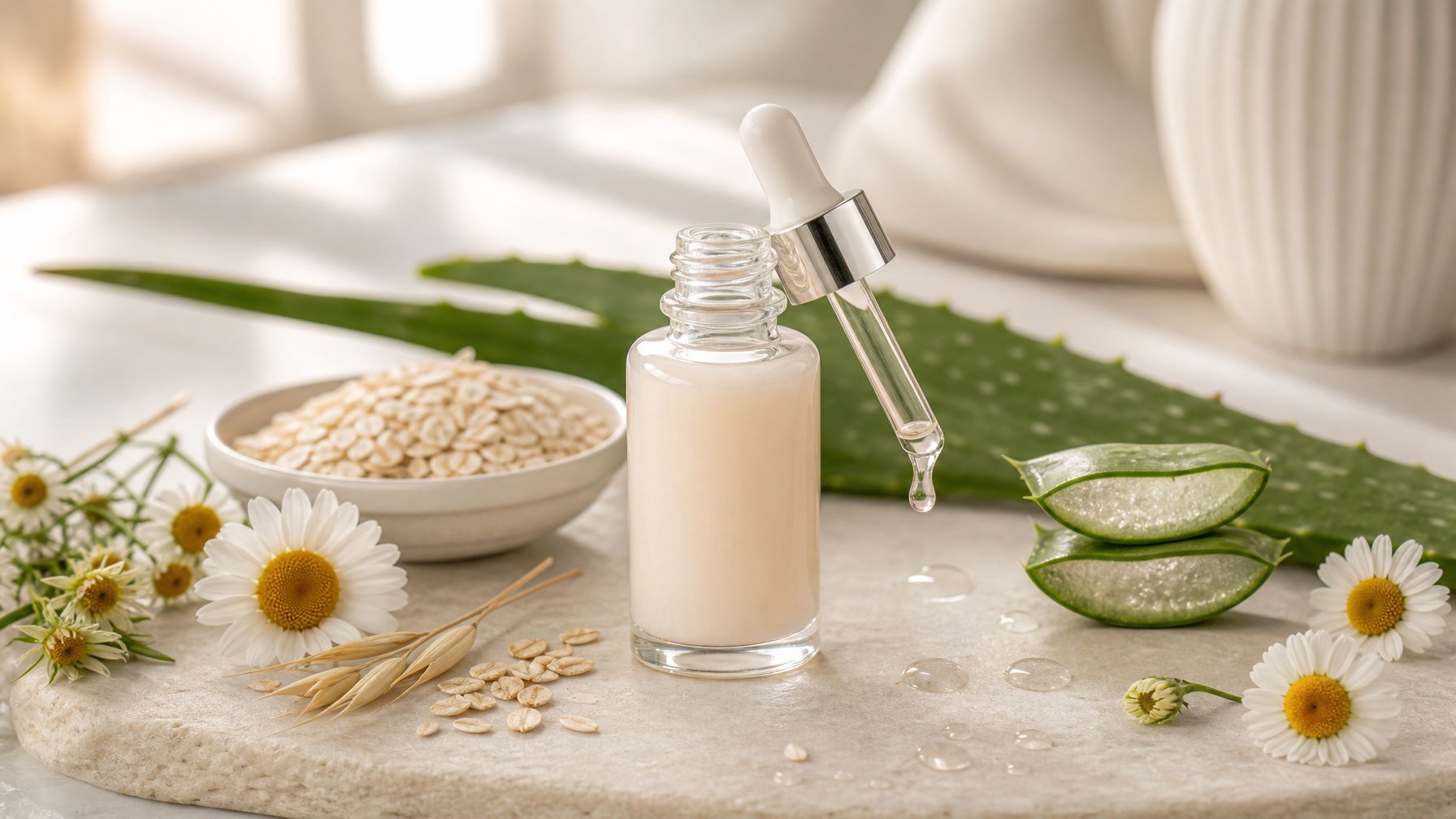 Botol serum wajah tanpa merek dikelilingi daun lidah buaya, bunga kamomil, dan biji gandum di atas permukaan terang.