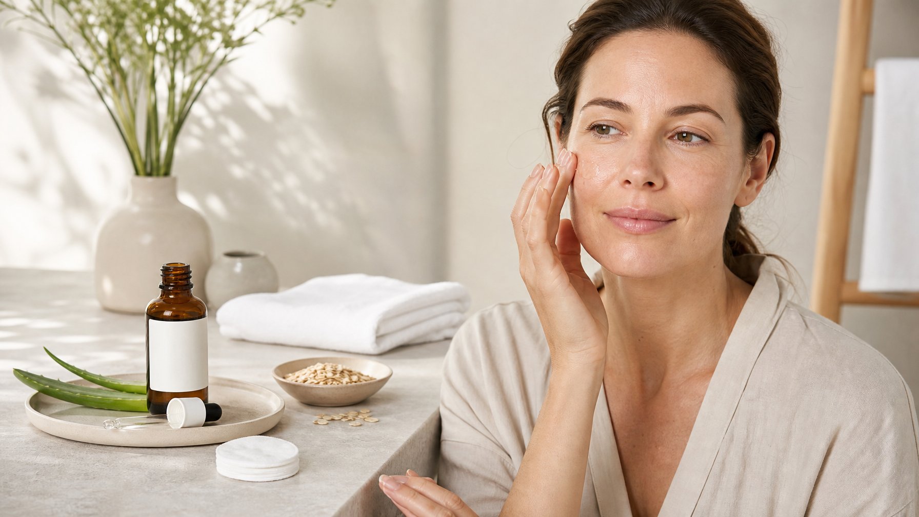Perempuan dengan kulit sensitif mengoleskan serum wajah lembut di pipinya di samping botol serum tanpa label.