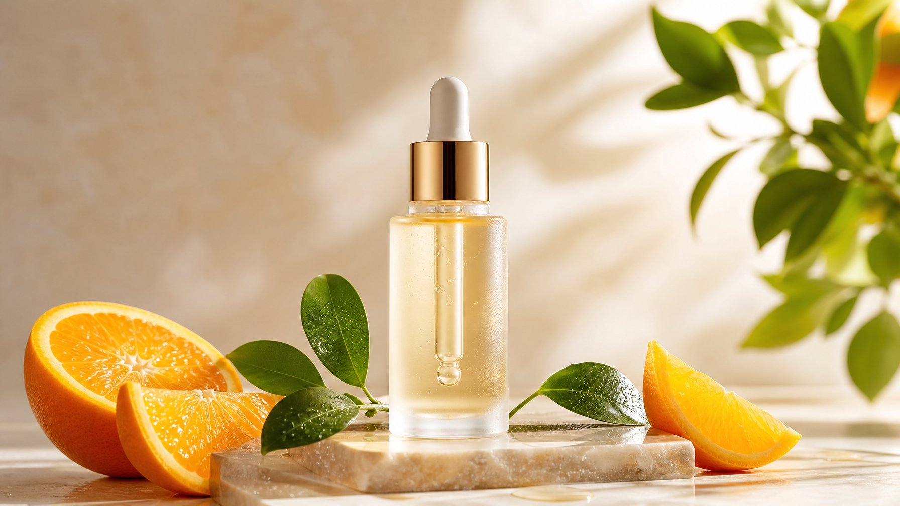 Botol serum wajah bening tanpa label berdiri di atas alas batu terang, dikelilingi irisan jeruk dan daun hijau.