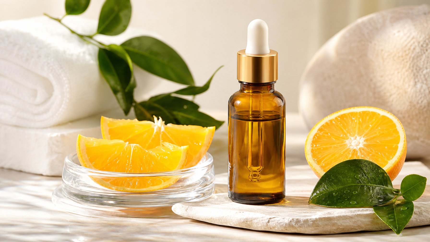 Botol serum vitamin C dikelilingi irisan jeruk, daun hijau, dan aksesori perawatan kulit di atas latar terang.