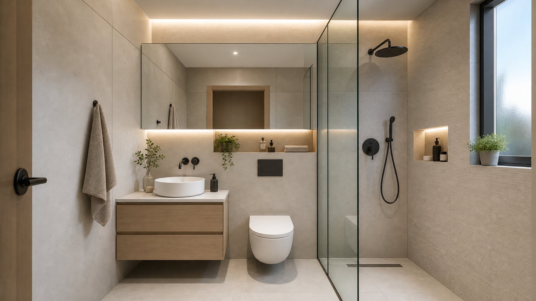 Kamar mandi kecil modern dengan toilet, wastafel, area pancuran kaca, dan ubin berwarna terang.