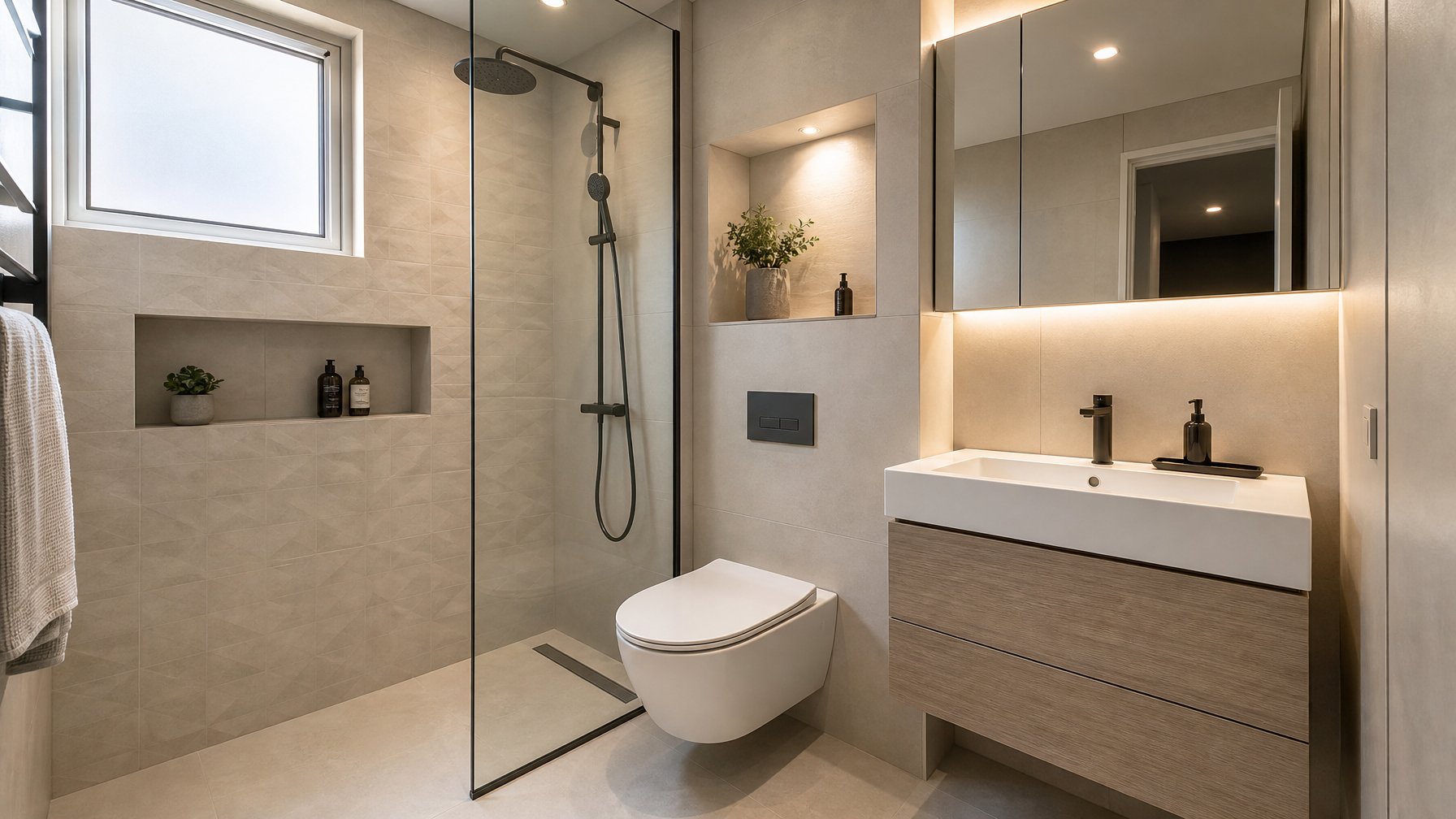 Kamar mandi minimalis modern berukuran kecil dengan toilet, wastafel, dan area shower yang tertata efisien.