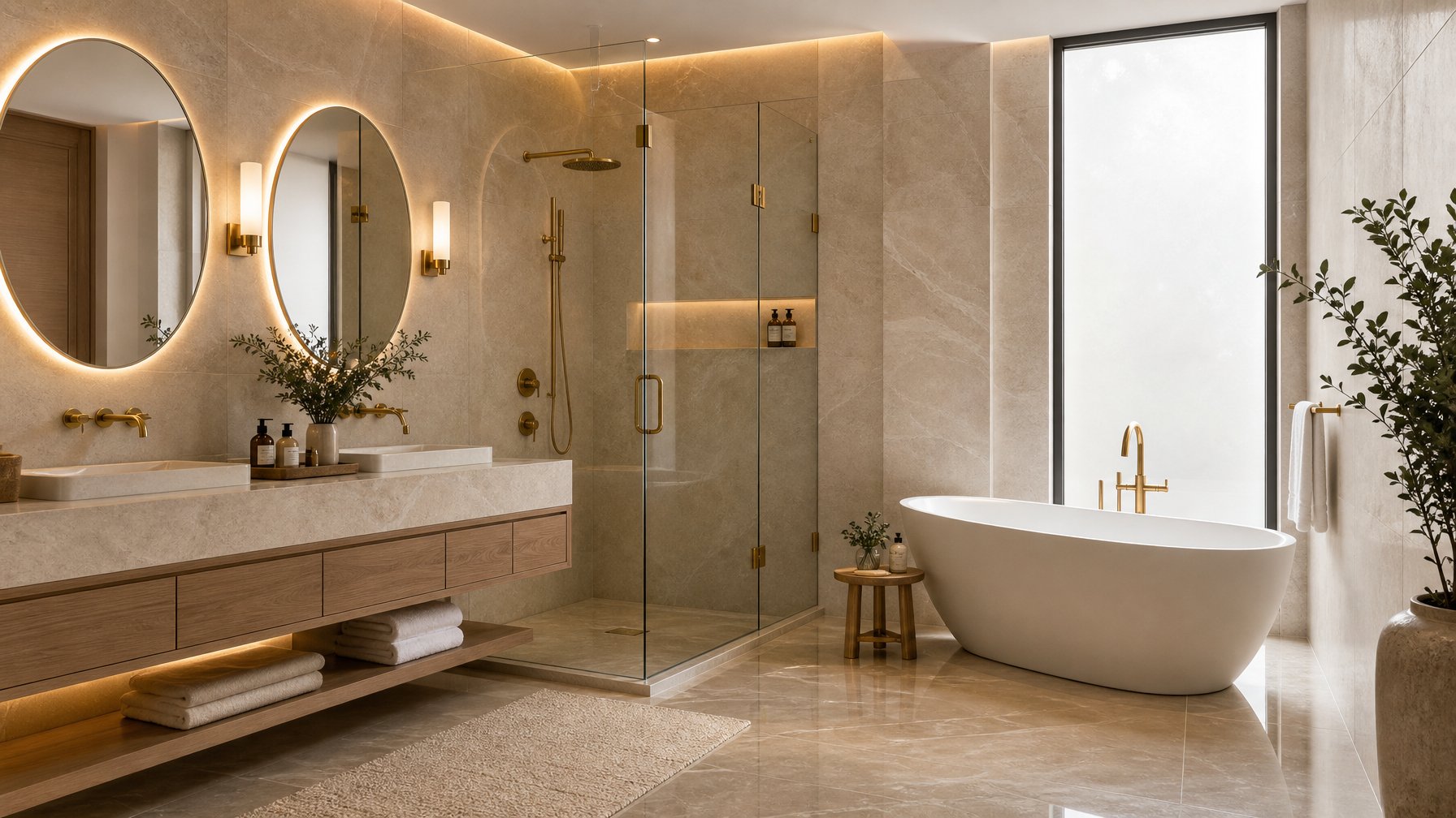 Kamar mandi mewah dengan bathtub, pancuran kaca, wastafel ganda, dan permukaan marmer.