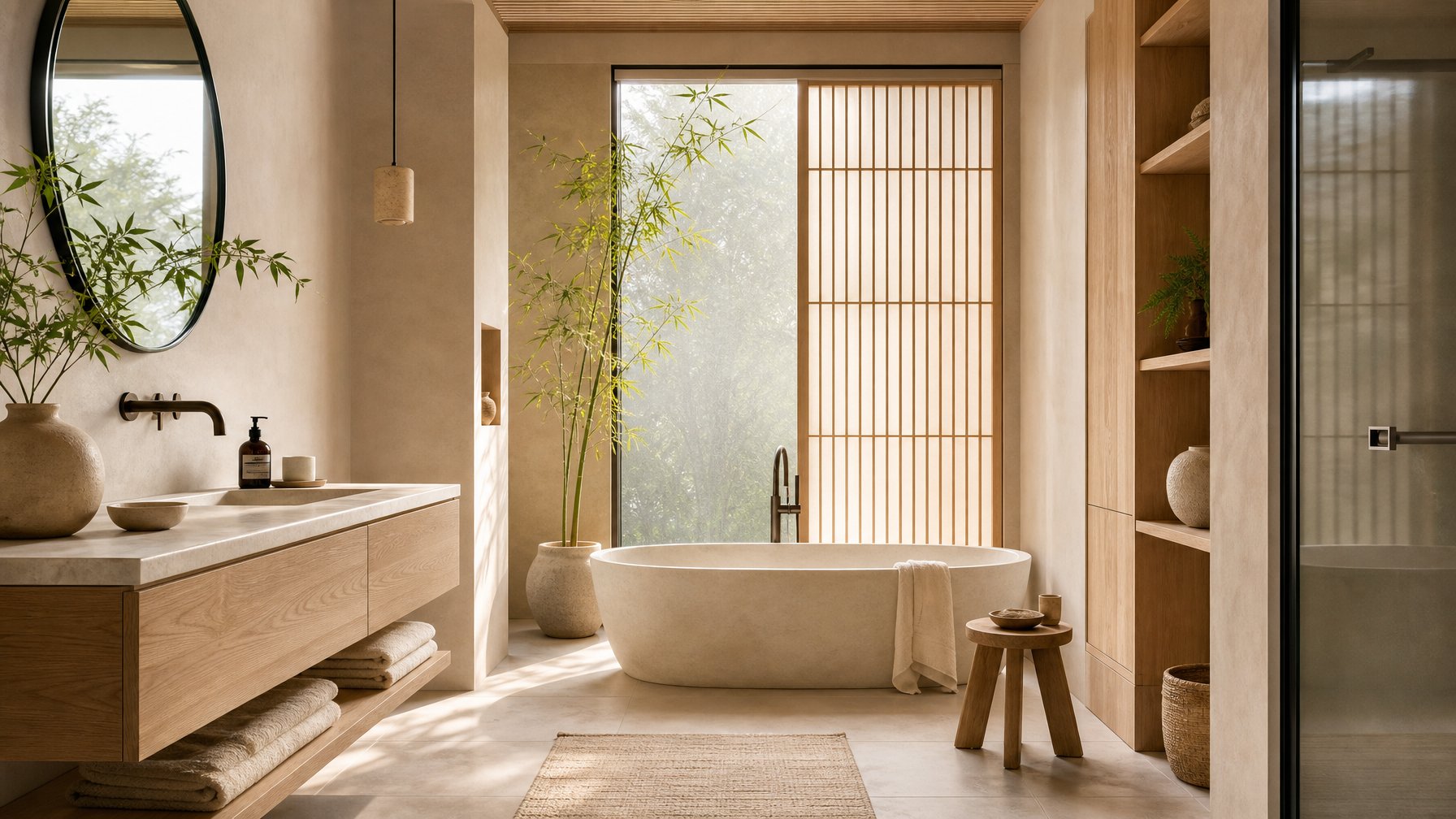 Kamar mandi dengan bak mandi, kabinet kayu, tanaman hijau, dan cahaya alami yang hangat.