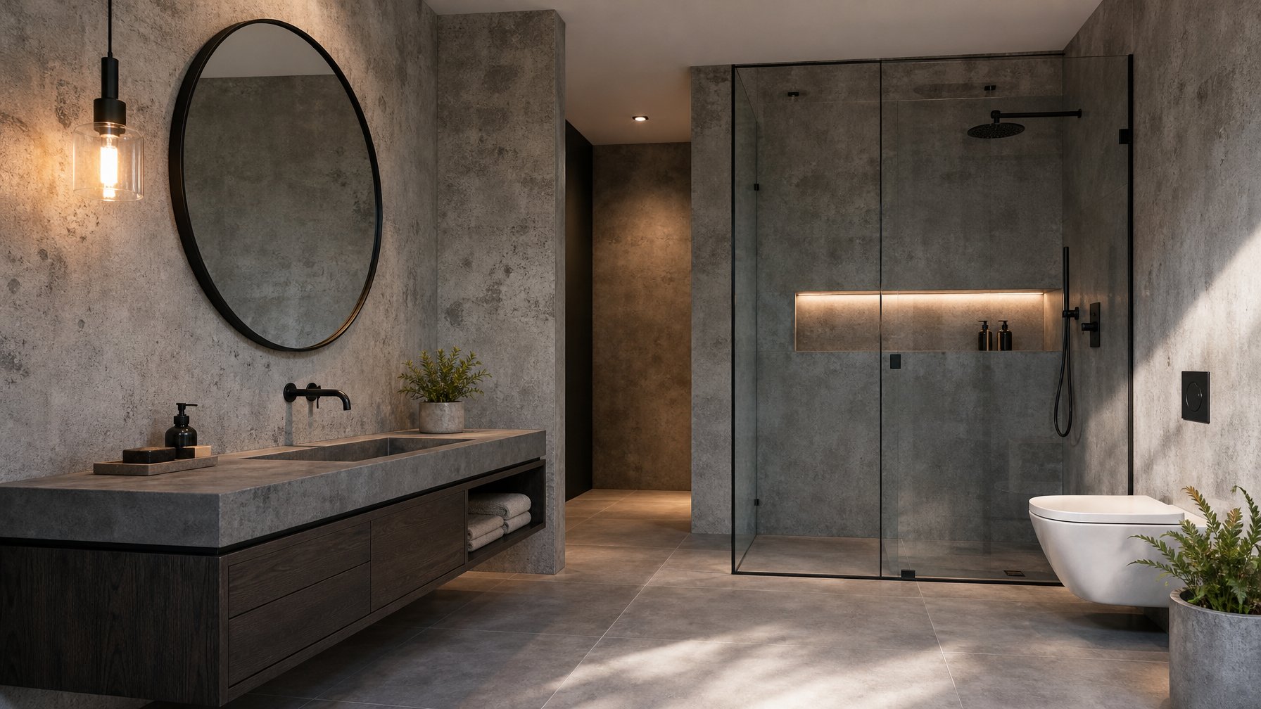 Kamar mandi modern dengan dinding semen ekspos, perlengkapan hitam, cermin bundar, dan area shower kaca.
