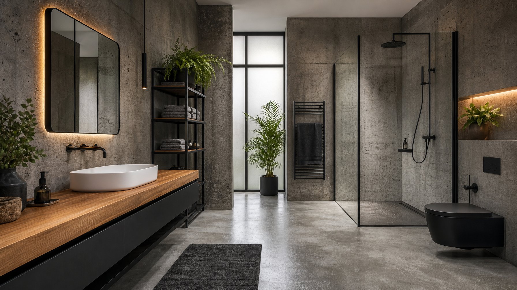 Kamar mandi bergaya industrial dengan dinding semen ekspos, perlengkapan hitam, meja kayu, dan bilik pancuran kaca.