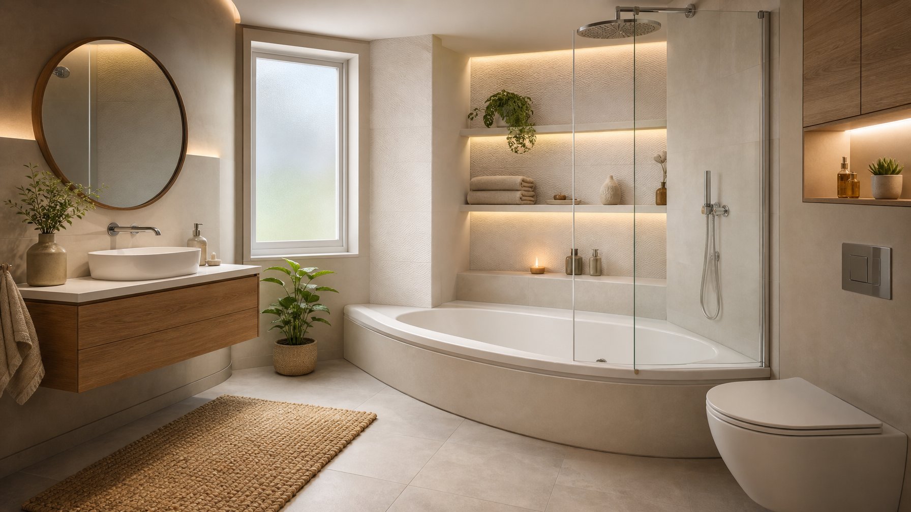 Kamar mandi kecil dengan bathtub sudut dan tata ruang yang efisien.