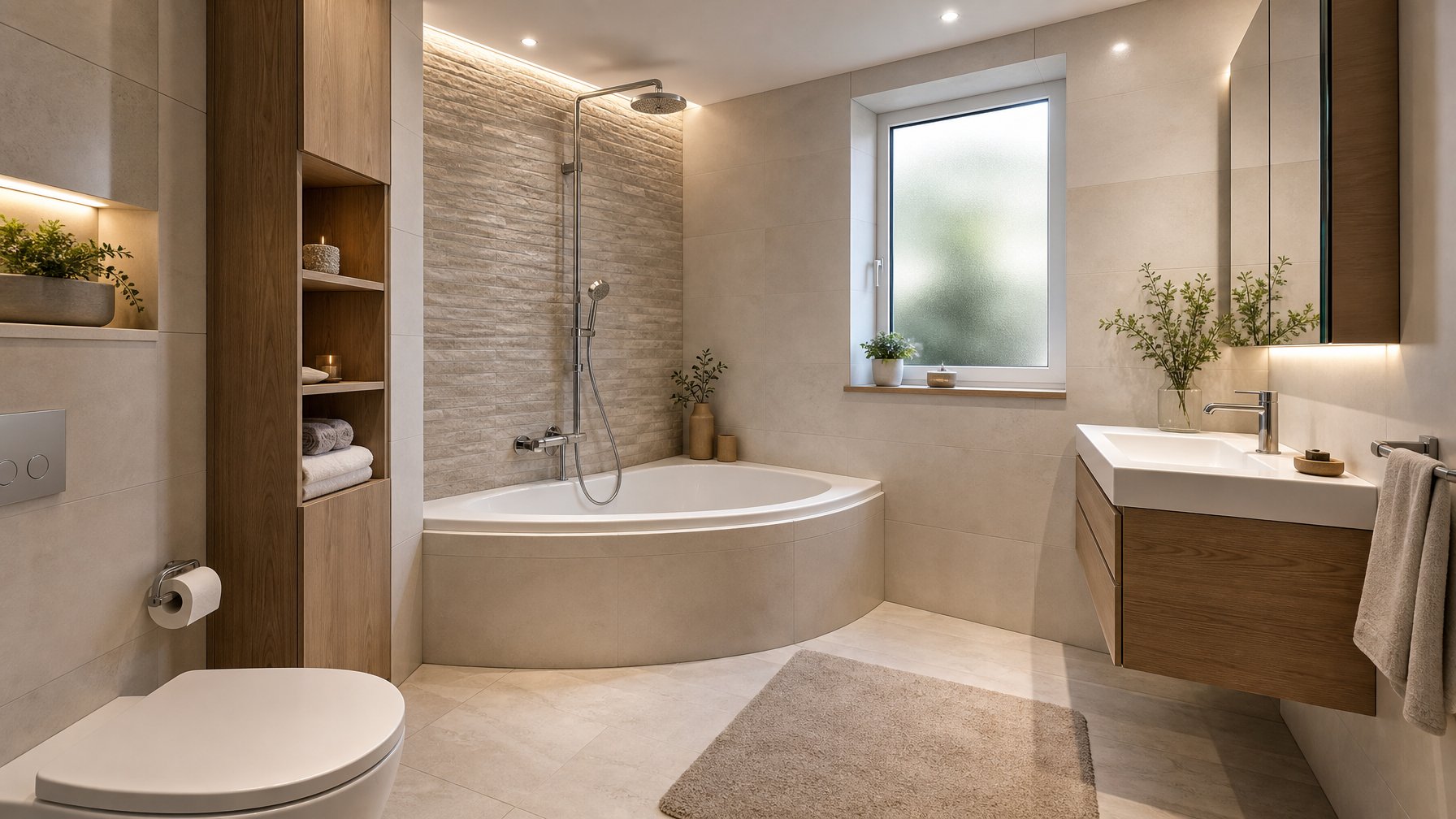 Kamar mandi kecil modern dengan bathtub sudut yang menghemat ruang.