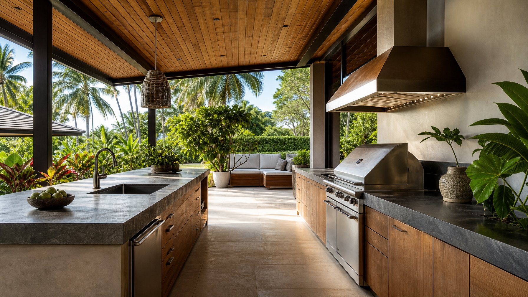 Dapur terbuka di halaman belakang rumah dengan ventilasi silang dan jalur sirkulasi yang lega.