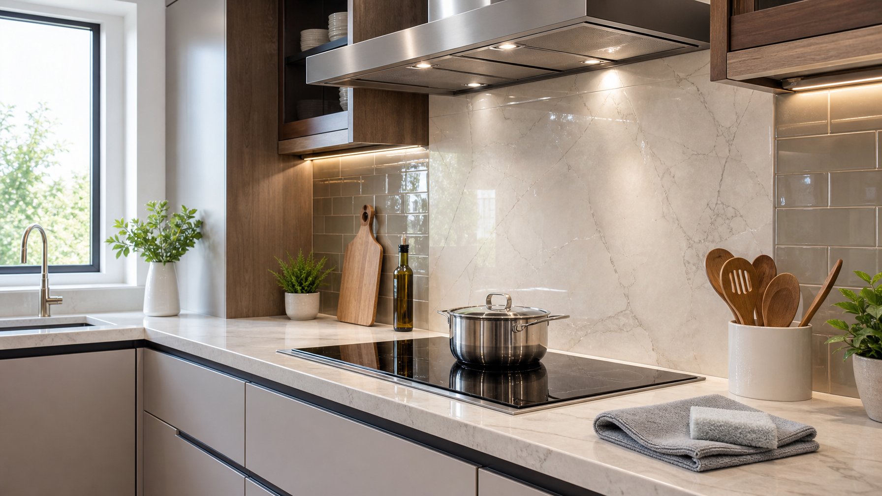 Dapur modern dengan backsplash tahan panas dan mudah dibersihkan di belakang kompor.
