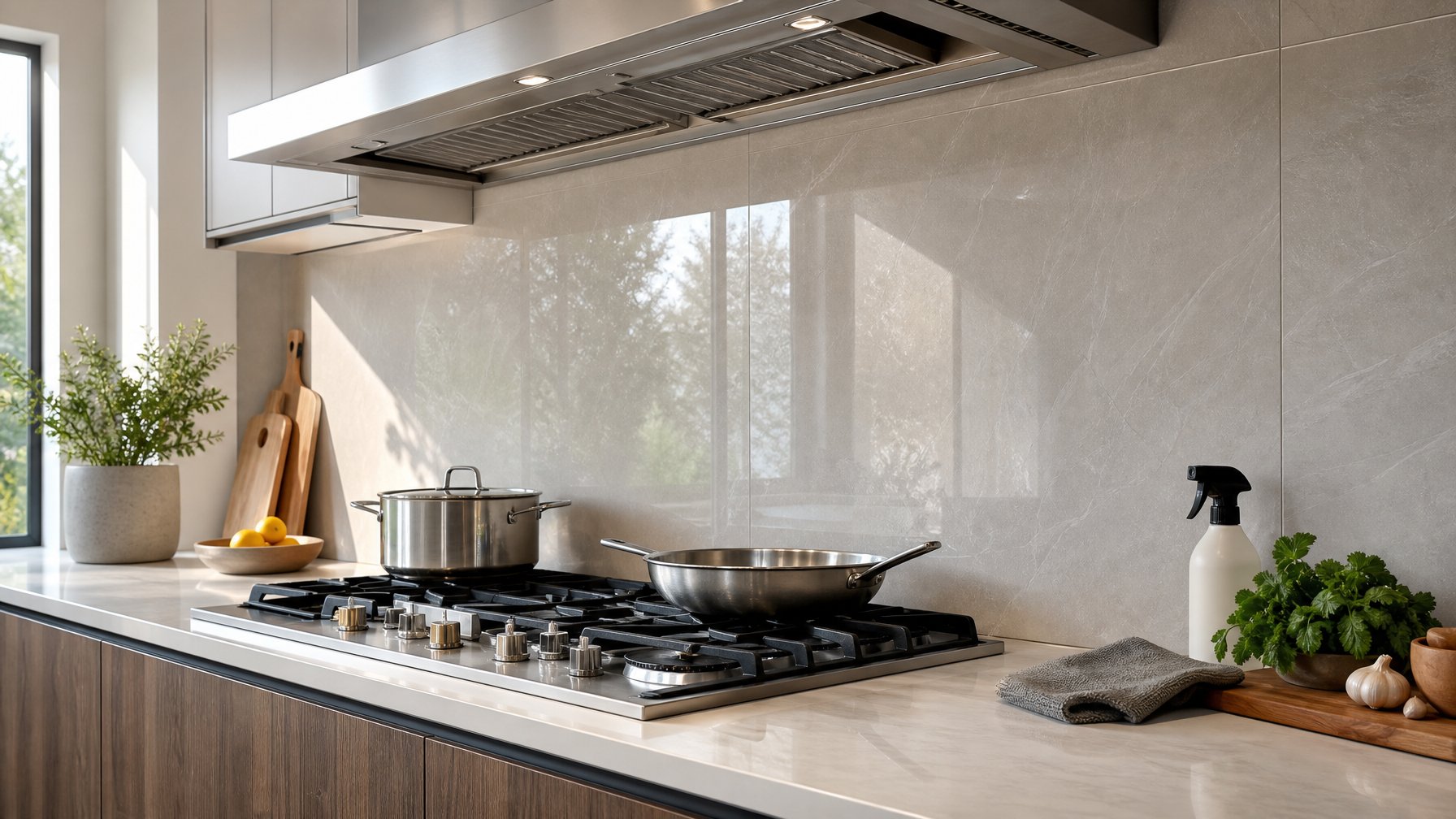 Dapur modern dengan backsplash tahan panas, permukaan mudah dibersihkan, kompor, dan perlengkapan pembersih di atas meja.