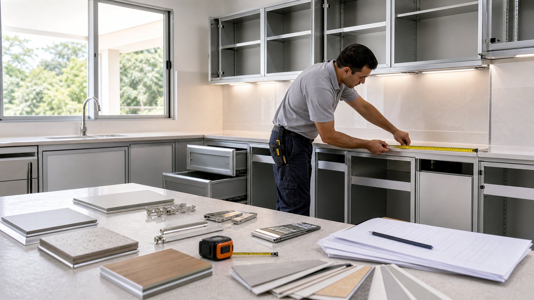 Seorang pekerja mengukur kitchen set aluminium di dapur modern dengan bahan dan alat perhitungan biaya.