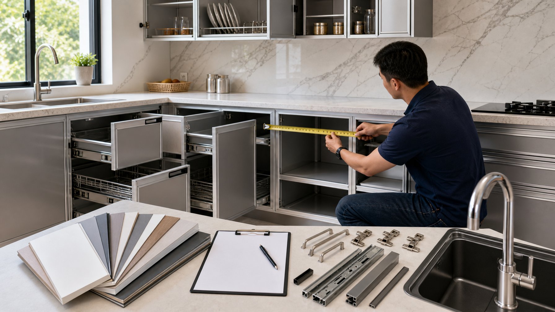 Seorang perancang mengukur kitchen set aluminium dengan berbagai komponen seperti kabinet, wastafel, dan perlengkapan penyimpanan.