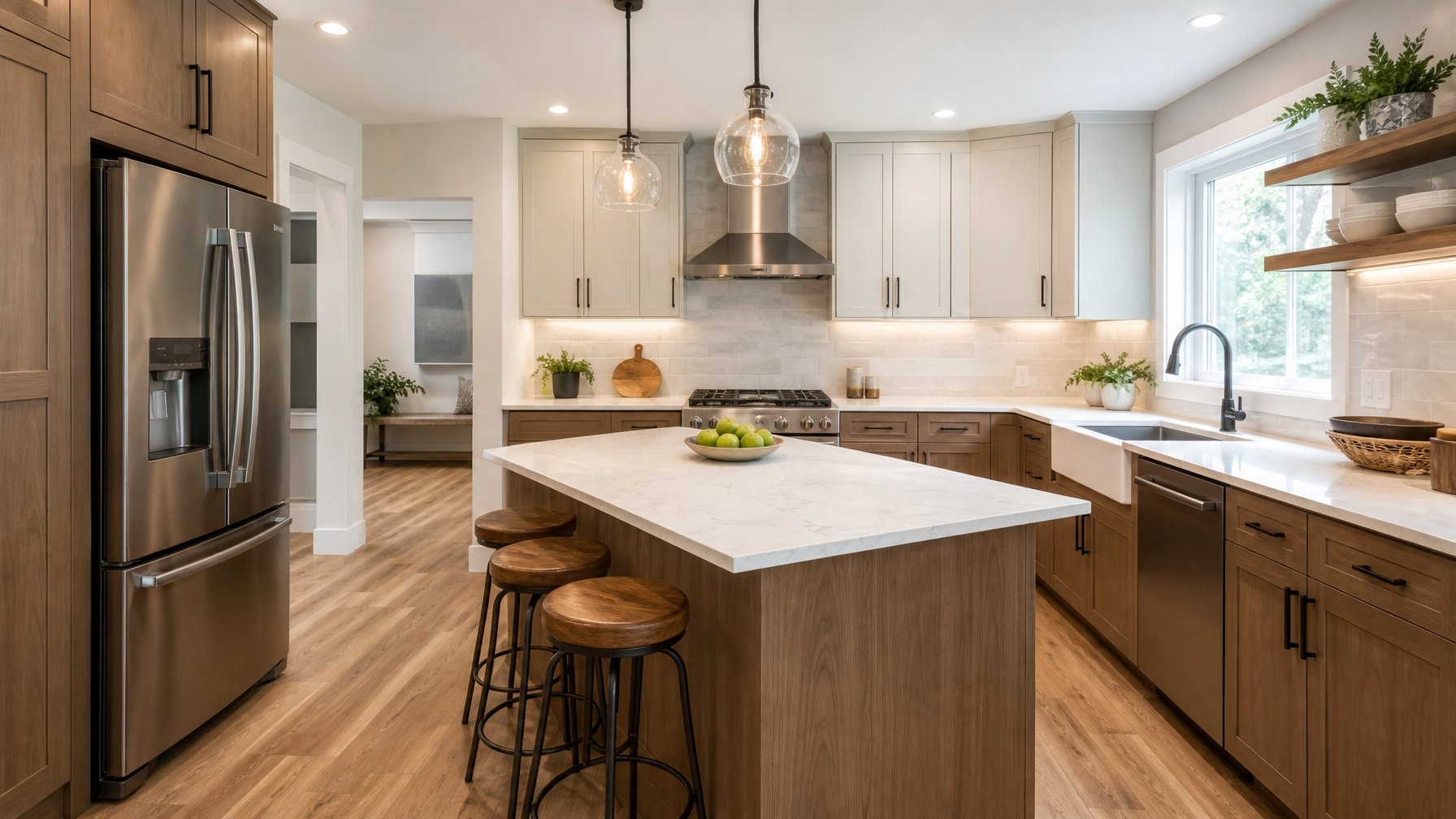 Dapur modern yang tertata ergonomis dengan kulkas, wastafel, dan kompor membentuk segitiga kerja.