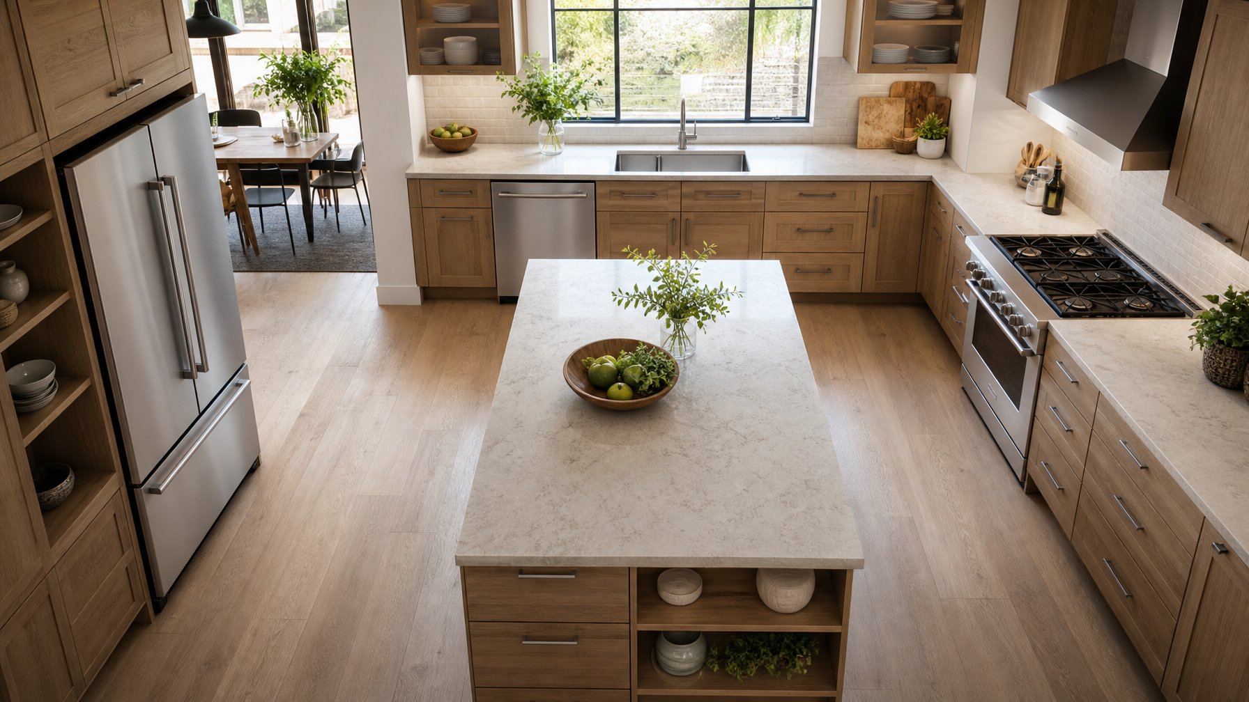 Dapur modern dengan kulkas, wastafel, dan kompor yang tersusun dalam tata letak kerja ergonomis.