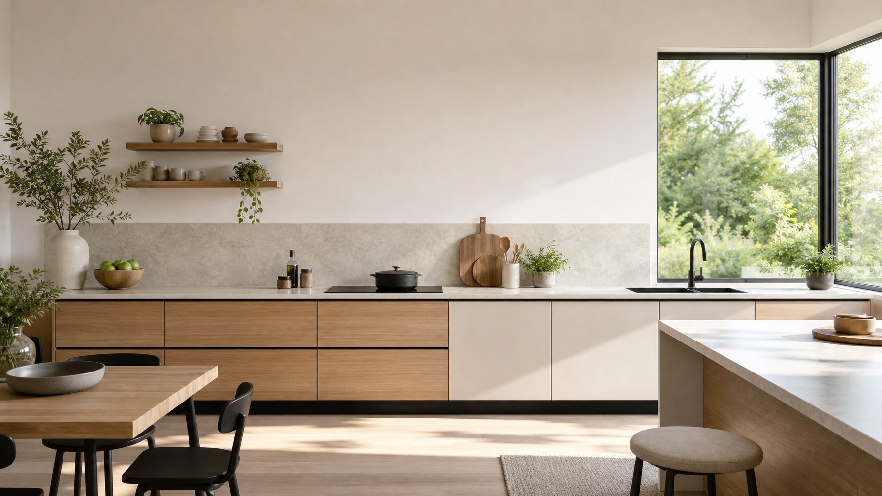 Dapur modern tanpa kabinet atas dengan meja dapur rapi dan ruangan yang tampak luas.