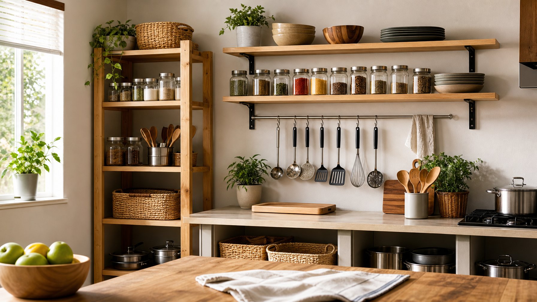 Dapur rumah tanpa kitchen set dengan rak terbuka, stoples bumbu, keranjang, dan alat masak yang tertata rapi.
