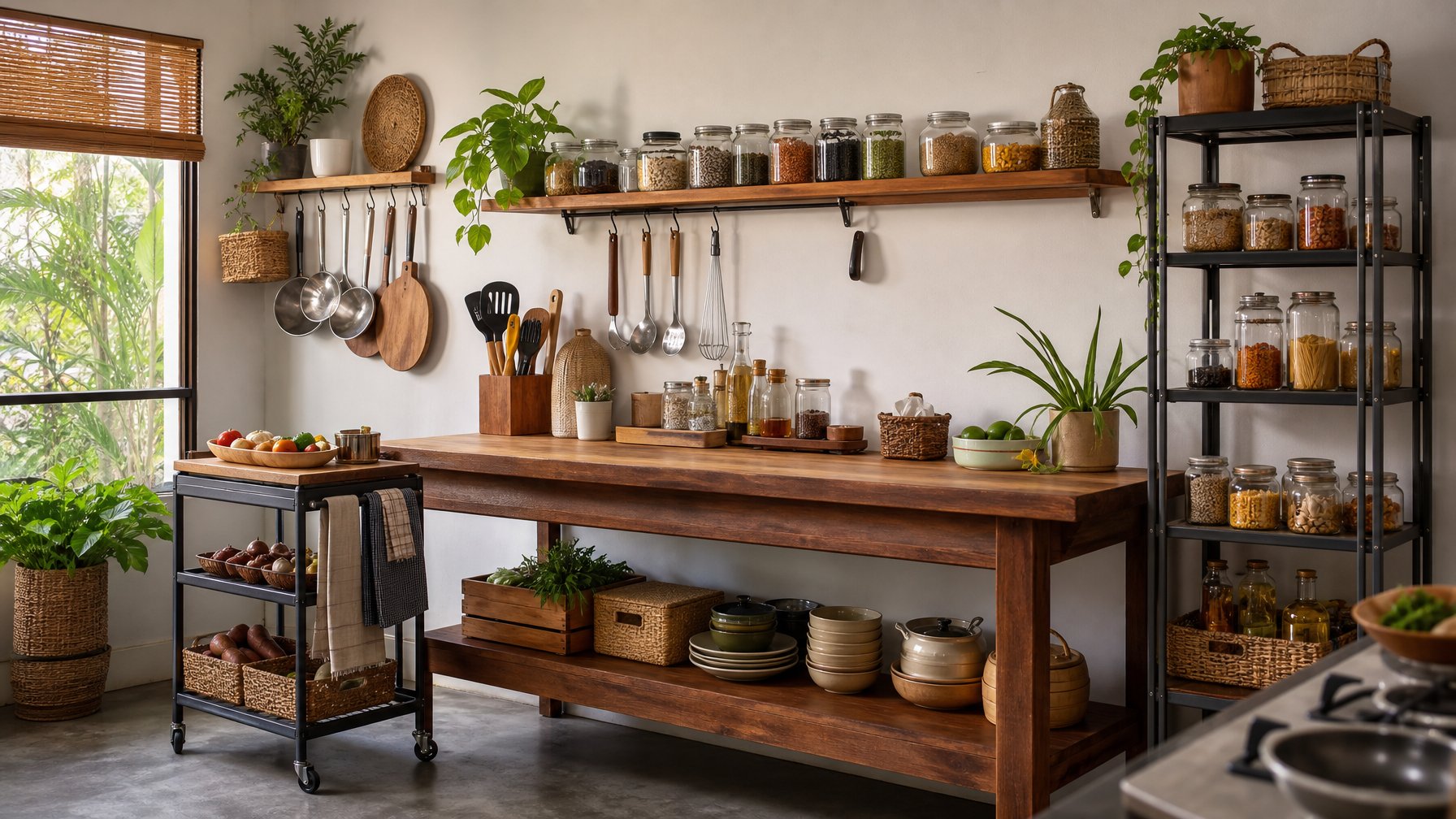 Dapur rumah tanpa kabinet dengan rak terbuka dan wadah rapi untuk menyimpan bumbu serta alat masak.
