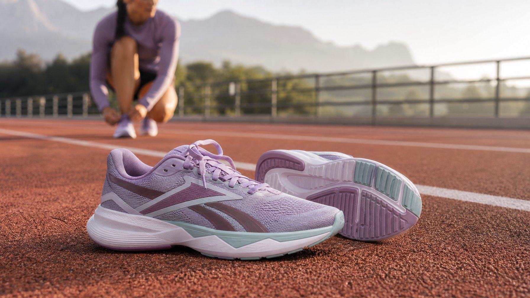 Sepasang sepatu lari wanita Reebok berada di lintasan lari dengan seorang pelari wanita di latar belakang.