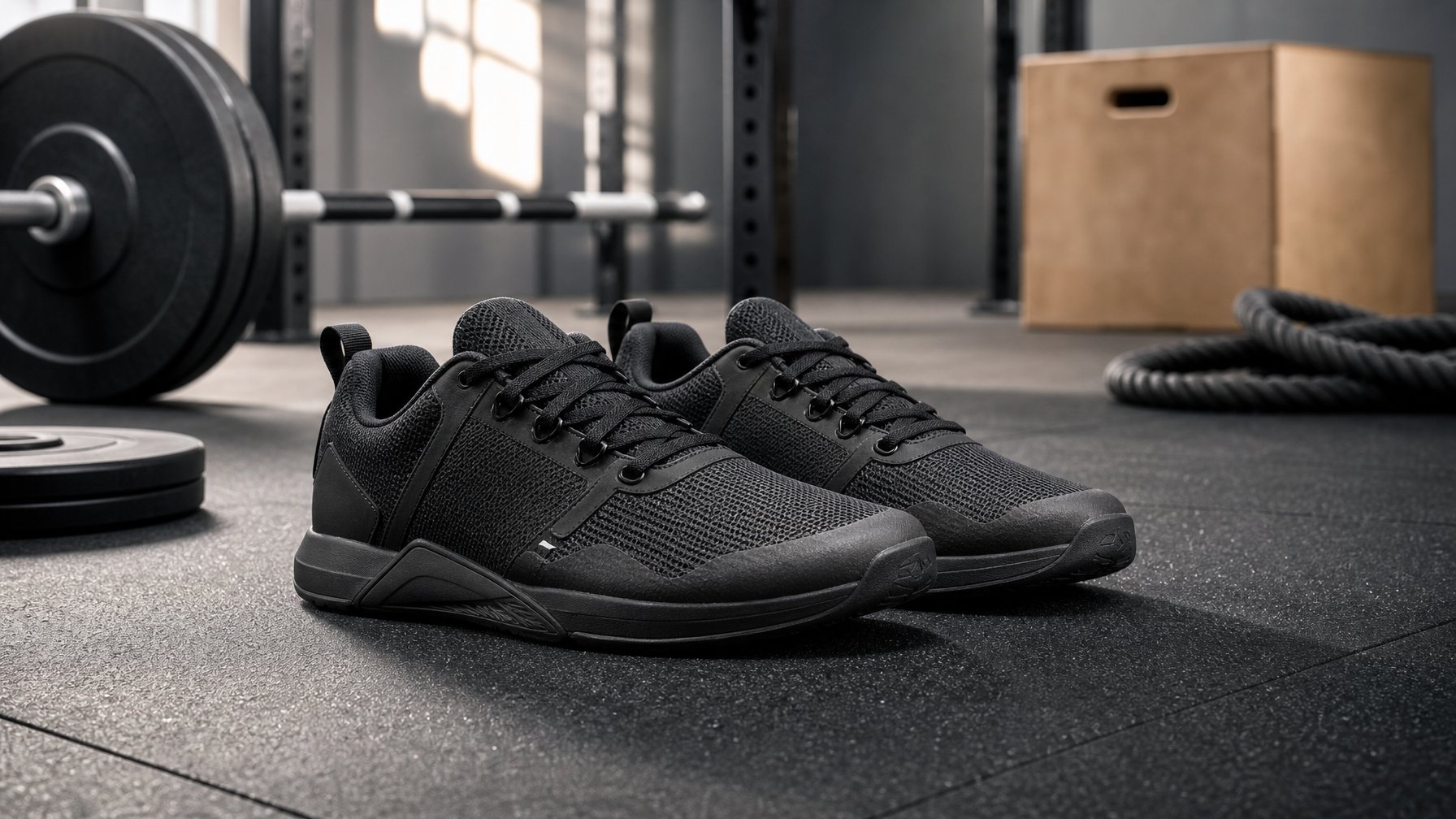 Sepasang sepatu olahraga pria berada di lantai gym dekat peralatan latihan.